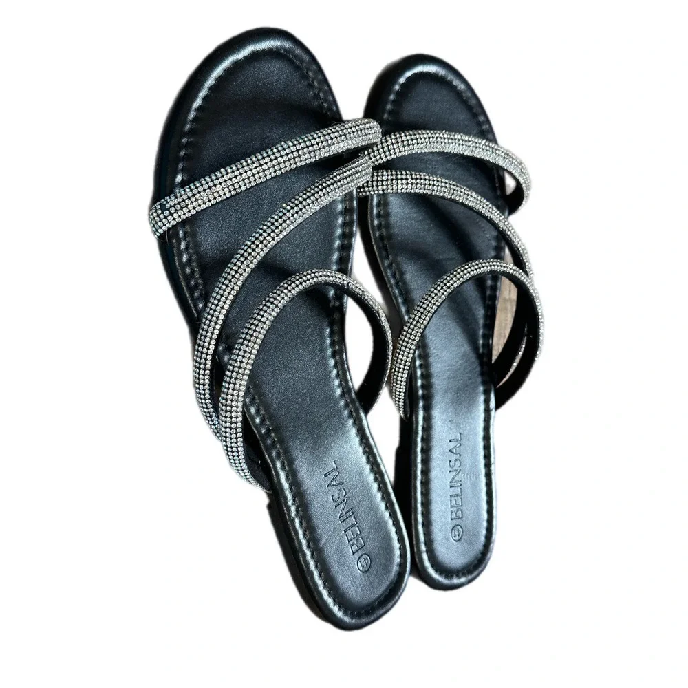 BELINSAL Black‎ Rhinestone Strap Slide Sandals Women Size 7